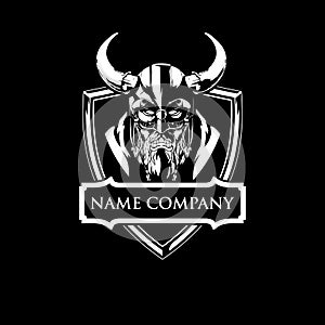 Amazing Black and White angry and aggressive Viking warrior head with shield logo vector template