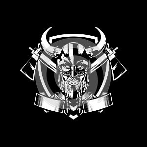Amazing black and white angry viking character with axe vector badge logo template