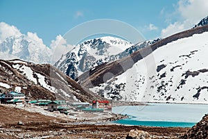 Amazing blue Gokio lake under ice and snow, Nepal photo