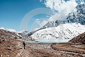 Amazing blue Gokio lake under ice and snow, Nepal photo