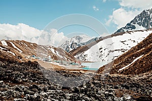 Amazing blue Gokio lake under ice and snow, Nepal photo