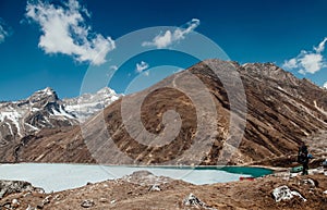 Amazing blue Gokio lake under ice and snow, Nepal photo