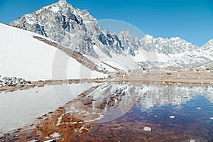 Amazing blue Gokio lake under ice and snow, Nepal photo