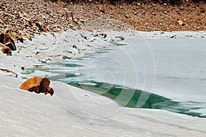 Amazing blue Gokio lake under ice and snow, Nepal photo