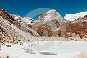 Amazing blue Gokio lake under ice and snow, Nepal photo