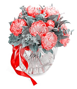 Amazing bouquet of pink pions on white