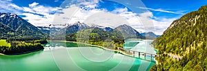 Amazing bridge over accumulation lake Sylvenstein, upper Bavaria. Aerial view. May, Germany