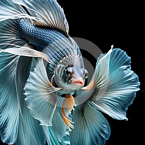 amazing bright azure color Betta fish with long tail and fins posing against black background. close up. Digital artwork. Ai