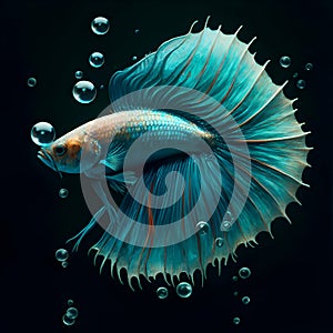 amazing bright azure color Betta fish with long tail and fins posing against black background. close up. Digital artwork in paint