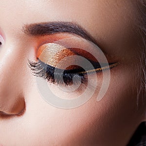 Amazing Bright eye makeup with a spectacular arrow. Brown and gold tones, colored eyeshadow