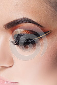 Amazing Bright eye makeup with a wide arrow. Brown and gold tones, colored eyeshadow