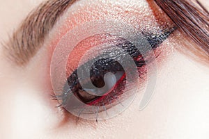 Amazing Bright eye makeup with a wide arrow. Brown and red tones, colored eyeshadow.