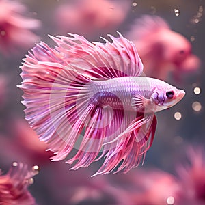 amazing bright pink Bette fish male posing against another pink betta fishes in nice light. close up. Ai generated