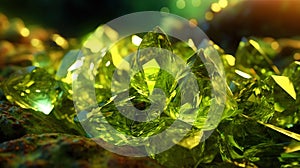 Amazing bright and shiny Olivine crystal cluster background. Jewel mineral detailed macro. Generative AI