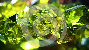 Amazing bright and shiny Olivine crystal cluster background. Jewel mineral detailed macro. Generative AI