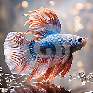 amazing bright violet Bette fish male with peach fuzz fins posing against bokeh light background. close up. Ai generated