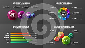 Amazing business data horizontal bar chart design layout. Colorful 3D balls corporate statistics infographic elements set.