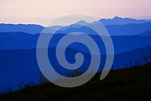 Amazing Carpathian mountains evening layers view near Dragobrat photo