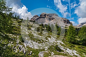 Amazing Cima Campestrin mountain peak from hiking trail between Fanes valley and Bivacco della Pace in the Dolomites