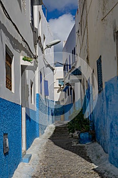 An amazing city in Morocco, Rabat, Kasbah des Oudaia, narrow streets with white blue walls