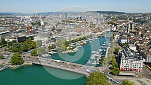 Amazing City of Zurich in Switzerland with River Reuss from above - aerial view