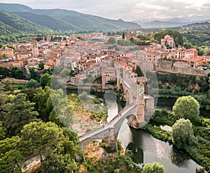 Amazing cityscape aerial view on Besalu medieval town, Catalonia Spain