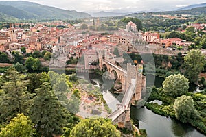 Amazing cityscape aerial view on Besalu medieval town, Catalonia Spain