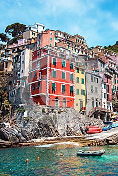 Amazing cityscape with colored houses in Riomaggiore, Cinque Terre, Italy. Amazing places. A popular vacation spot