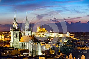 Amazing cityscape view of Prague Castle and church of our Lady Tyn, Czech Republic during sunset time. View from powder tower. Wor