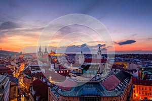 Amazing cityscape view of Prague Castle and church of our Lady Tyn, Czech Republic during sunset time. View from powder tower.