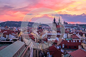 Amazing cityscape view of Prague Castle and church of our Lady Tyn, Czech Republic during sunset time. View from powder tower.