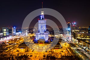 Amazing cityscape of Warsaw with Palace of Culture and Science at night, Poland