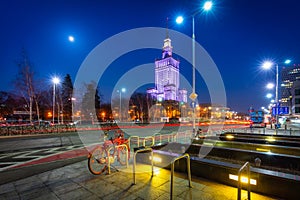 Amazing cityscape of Warsaw with Palace of Culture and Science at night, Poland