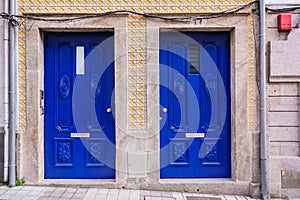 Amazing classic blue wooden door with decorative details. Front view