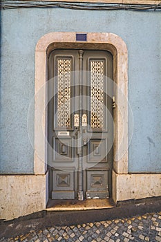 Amazing classic gray wooden door with decorative details. Front view