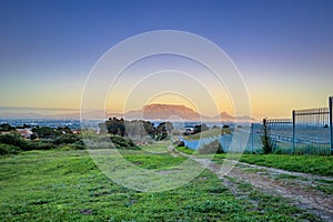 Amazing clear sky View of Table Mountain and Cape Town City at sunrise on a beautiful morning, Cape Town