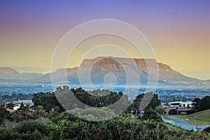 Amazing clear sky View of Table Mountain and Cape Town City at sunrise on a beautiful morning, Cape Town