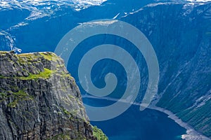 Amazing cliff over the Ringedalsvatnet lake in Trolltunga mounatin area,  Norway