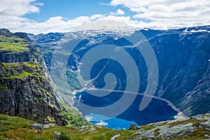 Amazing cliff over the Ringedalsvatnet lake in Trolltunga mounatin area,  Norway