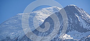 Amazing close up to the perennial glaciers of the Mont Blanc range on the French side. Ice and fresh snow. Wonderful landscape