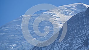 Amazing close up to the perennial glaciers of the Mont Blanc range on the French side. Ice and fresh snow. Wonderful landscape