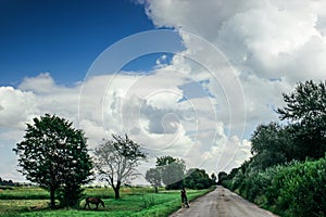 amazing clouds on blue sky and country side with girl and horse, beautiful summer nature landscape