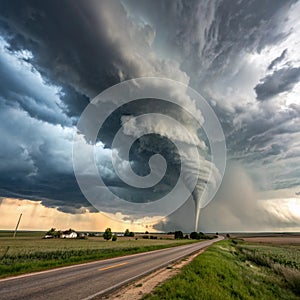 Amazing clouds over the landscape of the American Mid-West as supercell thunderstorms develop. Huge tornado on the ground,