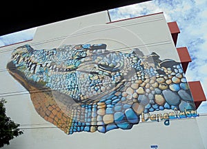 Amazing cocodrile head painted by artist Dangalaba, on side of building. Darwin, NT Australia.