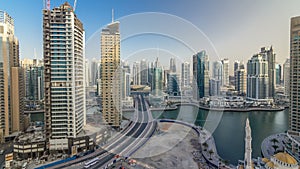 Amazing colorful dubai marina skyline during sunset timelapse