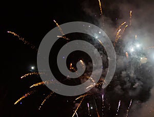 Amazing colorful fireworks on dark sky. New years eve celebration. Ceske Budejovice, Czech republic