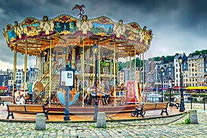 Amazing colorful French Carousel in Honfleur, Normandy, France, Europe