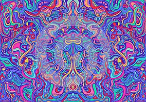 Amazing colorful hippie trippy psychedelic abstract mandala with many intricate wavy ornaments, bright neon multicolor