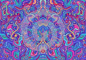 Amazing colorful hippie trippy psychedelic abstract mandala with many intricate wavy ornaments, bright neon multicolor photo