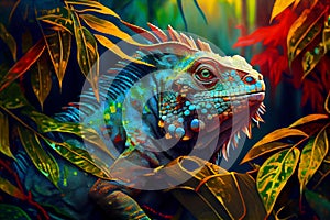 Amazing colorful iguana in the rain forest, ai illustration